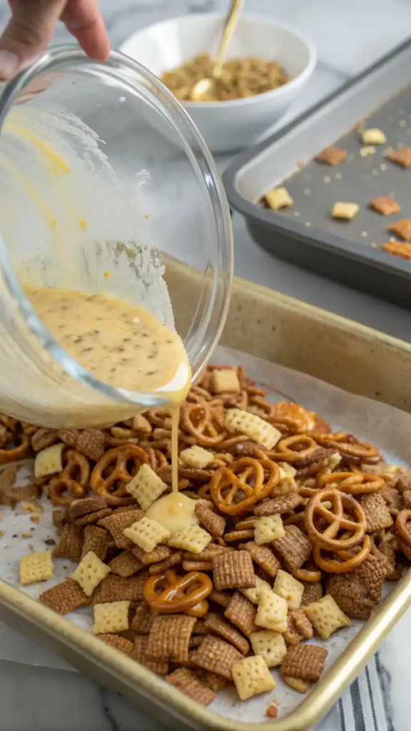 Chex Mix stirring techniques chex mix recipe in oven