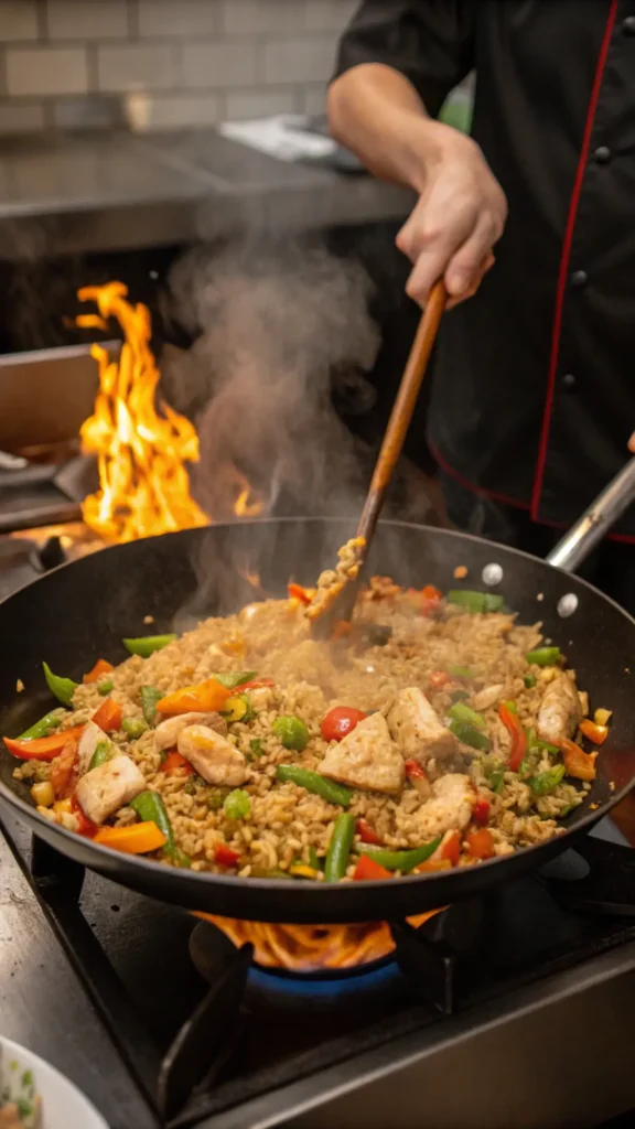 cooking Benihana chicken fried rice in a skillet.