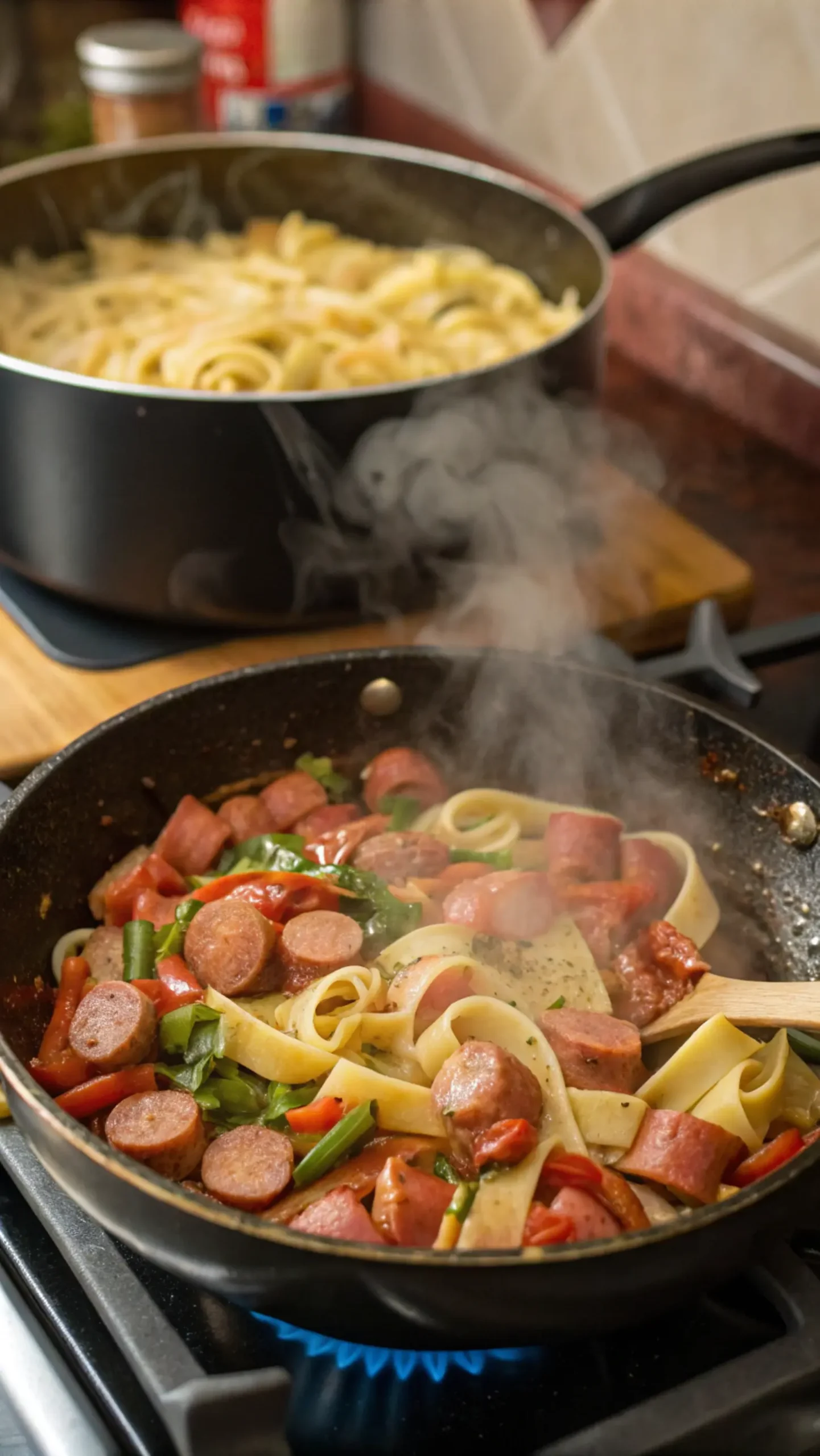 Cooking kielbasa pasta