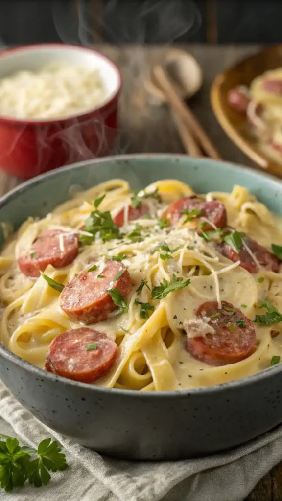 Finished Creamy Kielbasa Pasta