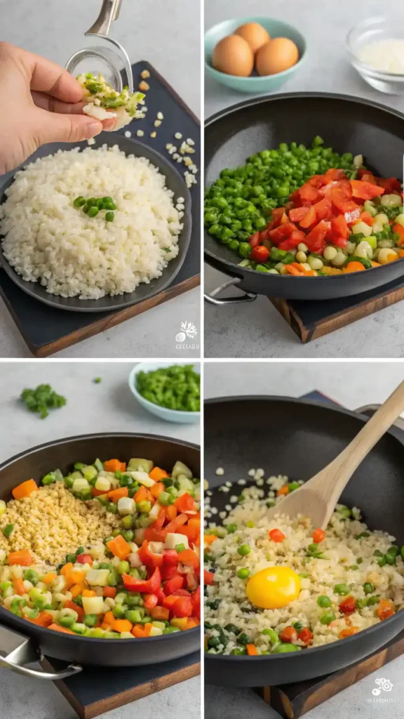 Step-by-step process of making Benihana fried rice