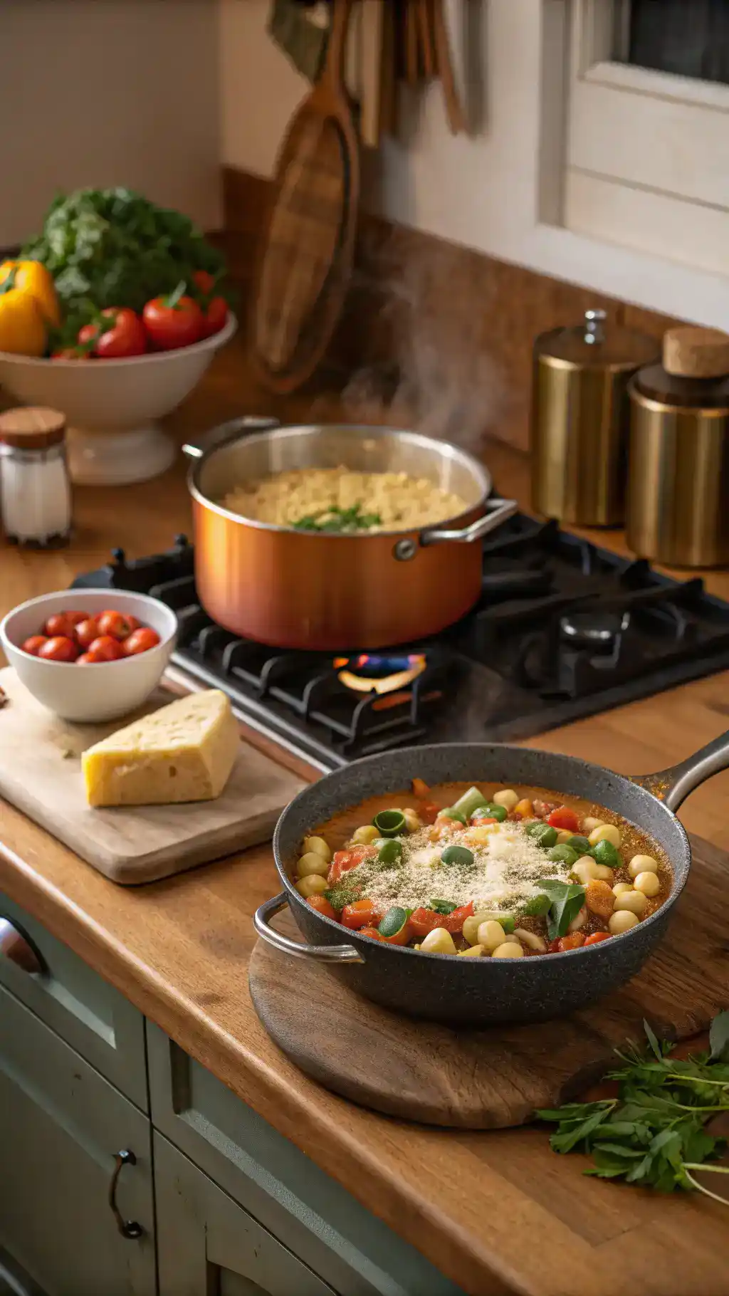 Cooking ditalini pasta with fresh vegetables