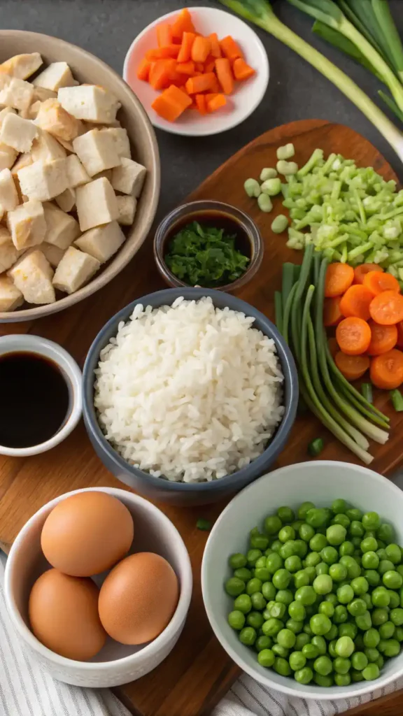 Ingredients for Benihana chicken fried rice laid out on a kitchen counter.