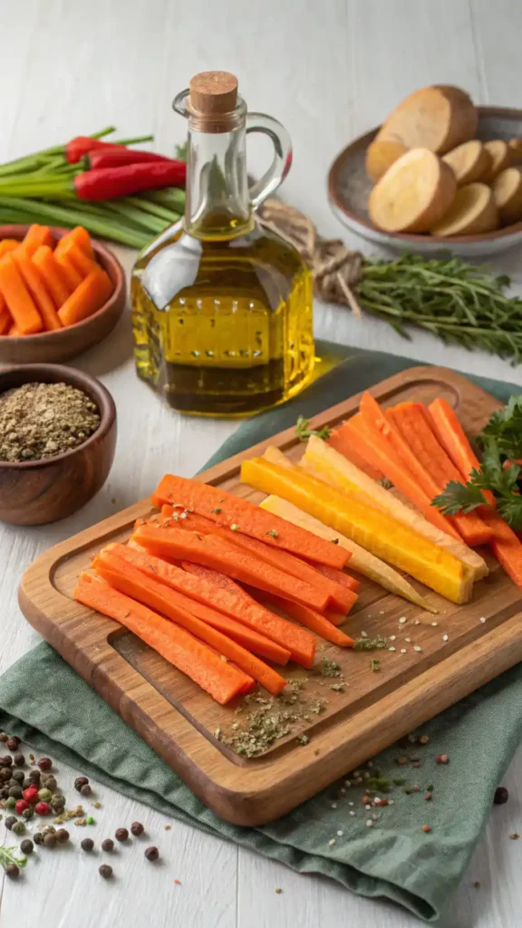 Fresh ingredients for carrot fries.Fresh ingredients for carrot fries.