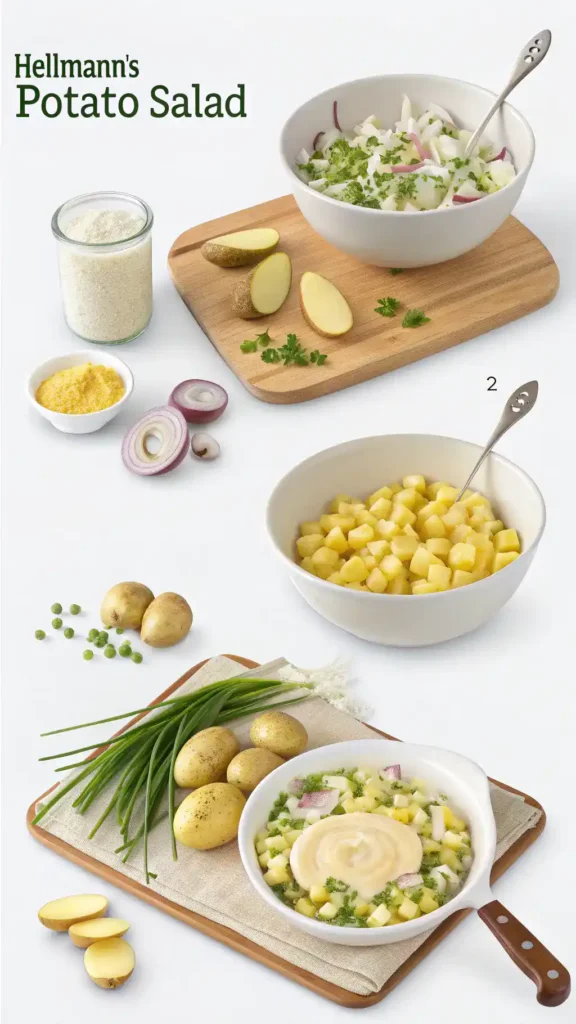 Step-by-step process of making Hellmann's potato salad.