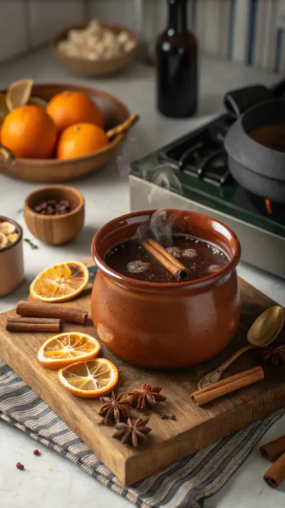 Clay pot of cafe de olla brewing with spices
