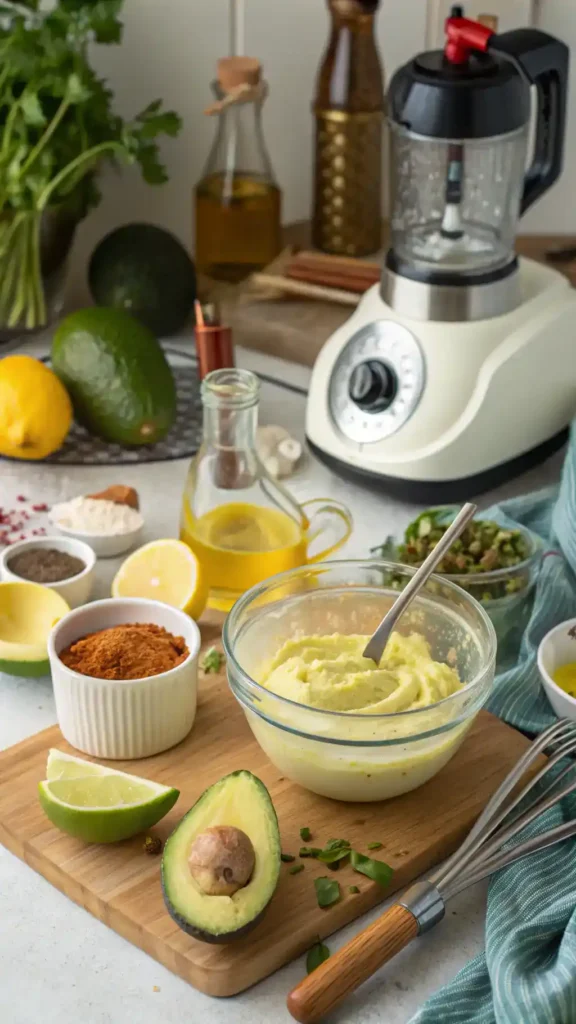 Making avocado oil mayo in a kitchen