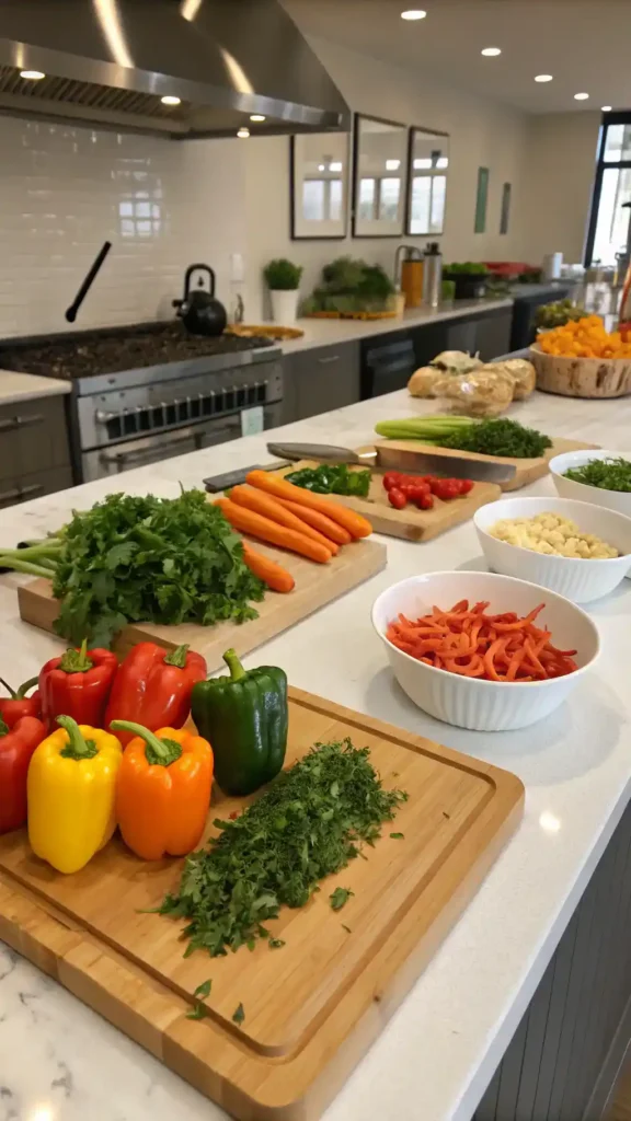 Organized kitchen workspace with fresh ingredients for Blue Apron recipes.