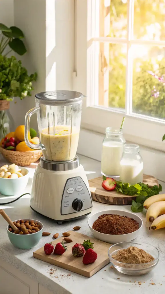 Blender with frozen dessert ingredients