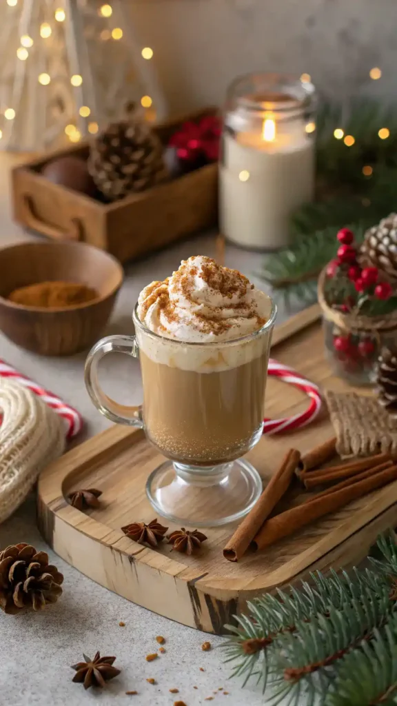 A warm mug of eggnog and coffee blend with festive decorations.