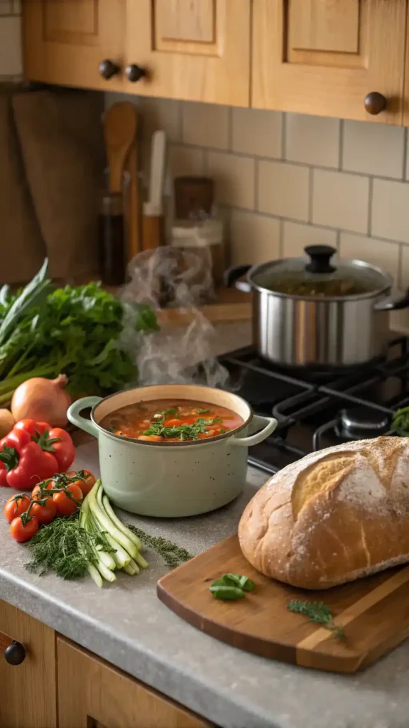 Soup and bread preparation in a cozy kitchen.