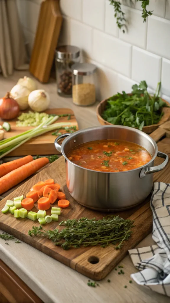A pot of soup on the stove with fresh vegetables
