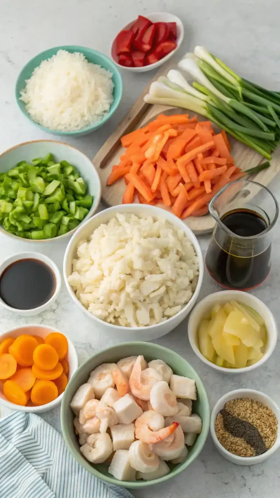Ingredients for hibachi fried rice laid out on a kitchen counter.