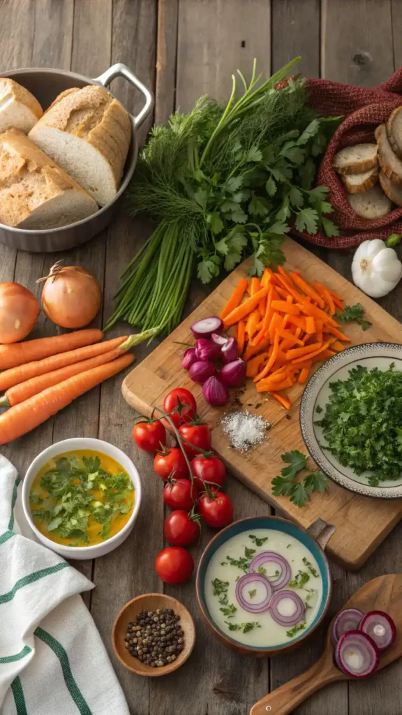 Fresh ingredients for soup and bread.