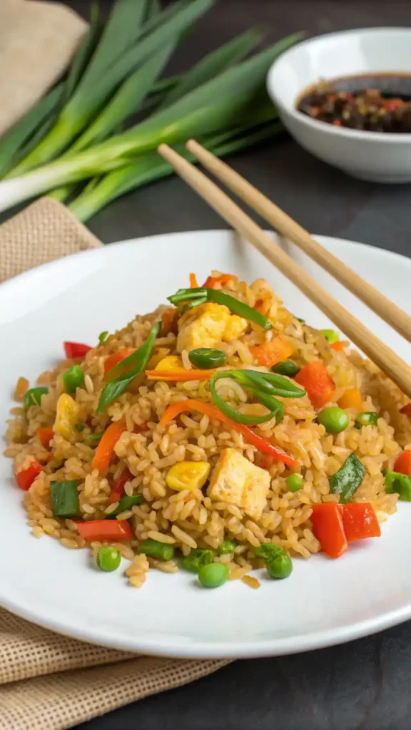 Plated hibachi fried rice ready to be enjoyed.