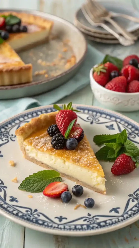 Slice of vinegar pie with berries