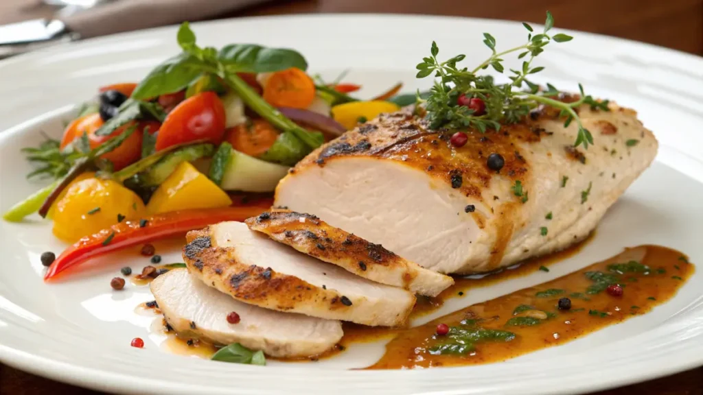 Delicious chicken breast dish ready to eat.