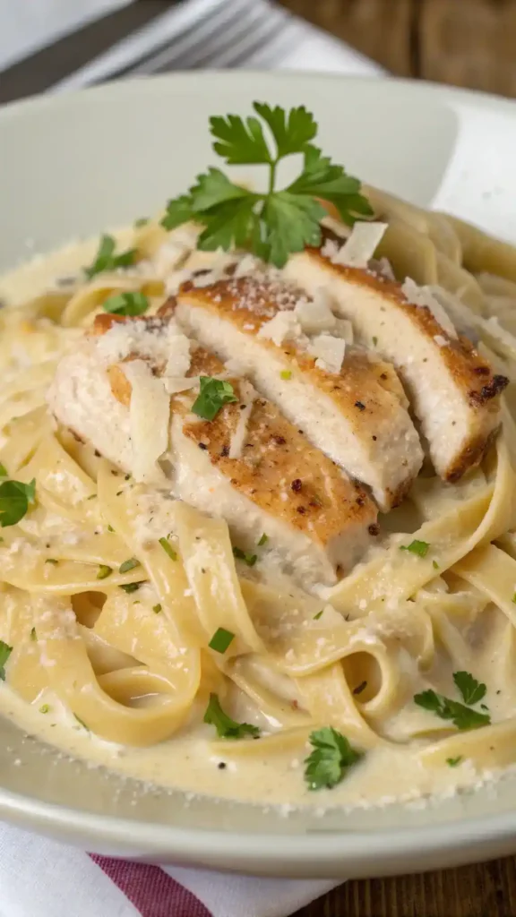 Close-up of Chicken Alfredo with creamy sauce and chicken slices.