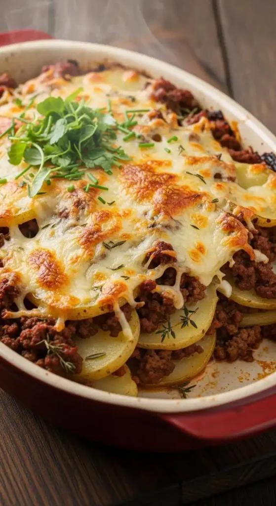 Ground beef potato casserole with melted cheese