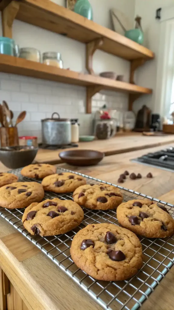 Freshly baked chocolate chip cookies cooling on a wire rack.