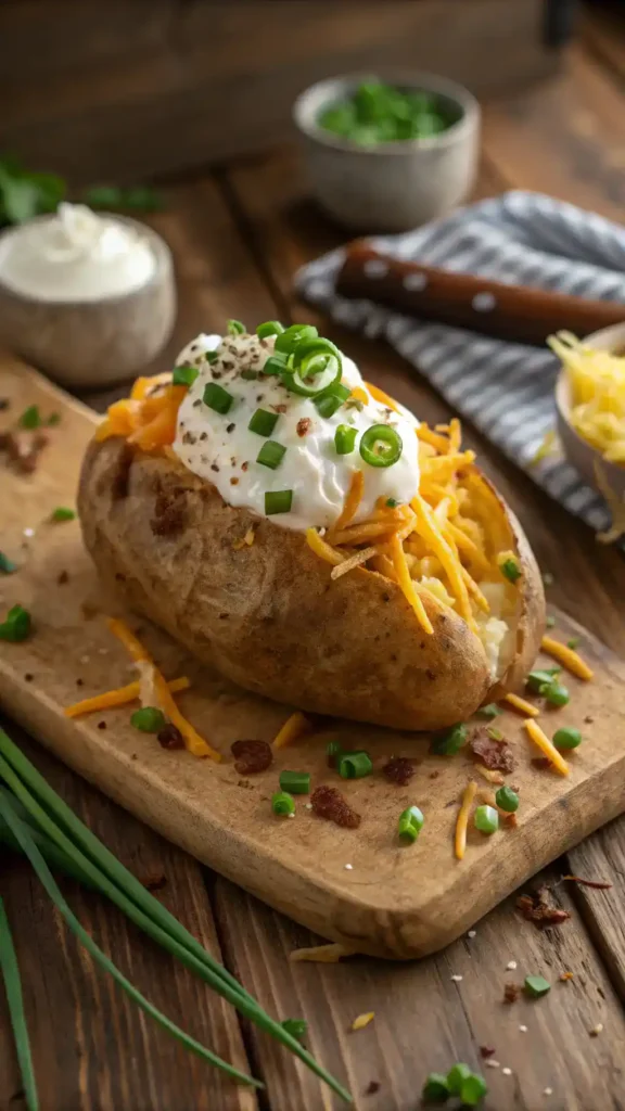 Perfectly baked potato with toppings