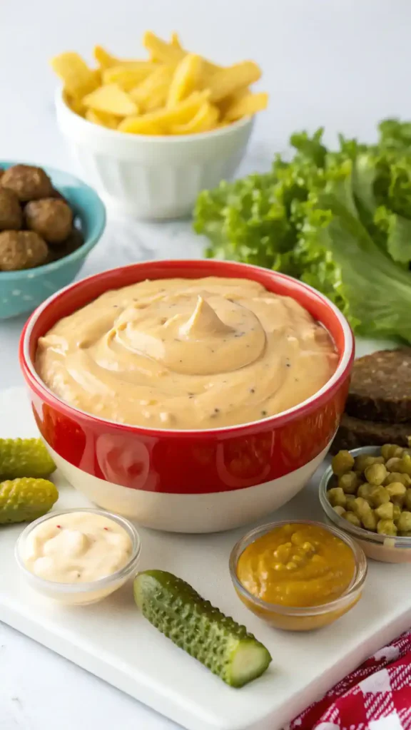Homemade Big Mac sauce in a mixing bowl with ingredients around it.