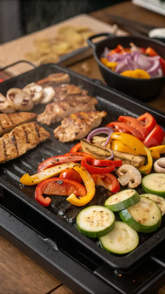 Cooking on a Blackstone griddle with fresh ingredients.