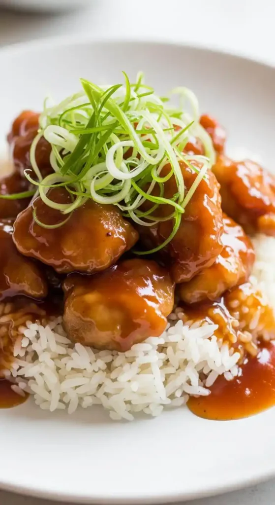 Delicious Bourbon Chicken served with rice and garnished with green onions.