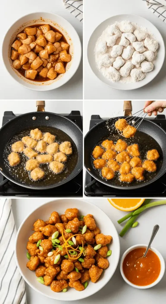 Step-by-step process of making orange chicken.
