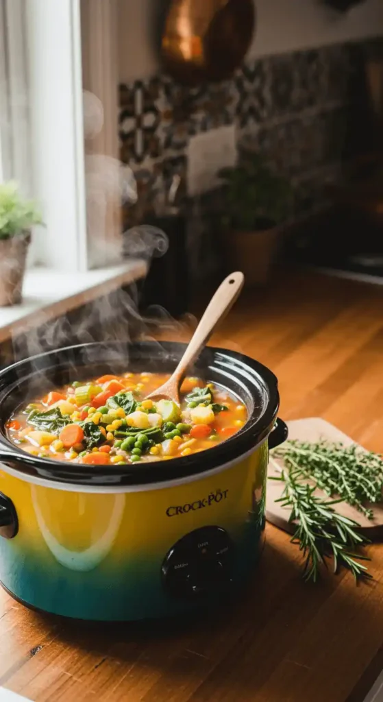 Delicious slow cooker soup in a cozy kitchen