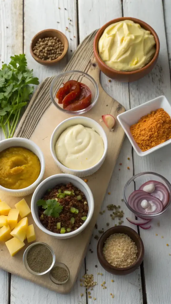 Ingredients for Big Mac sauce laid out on a table.