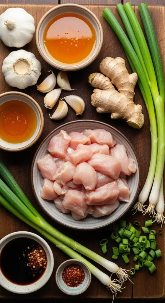 Ingredients for Bourbon Chicken laid out on a kitchen counter.