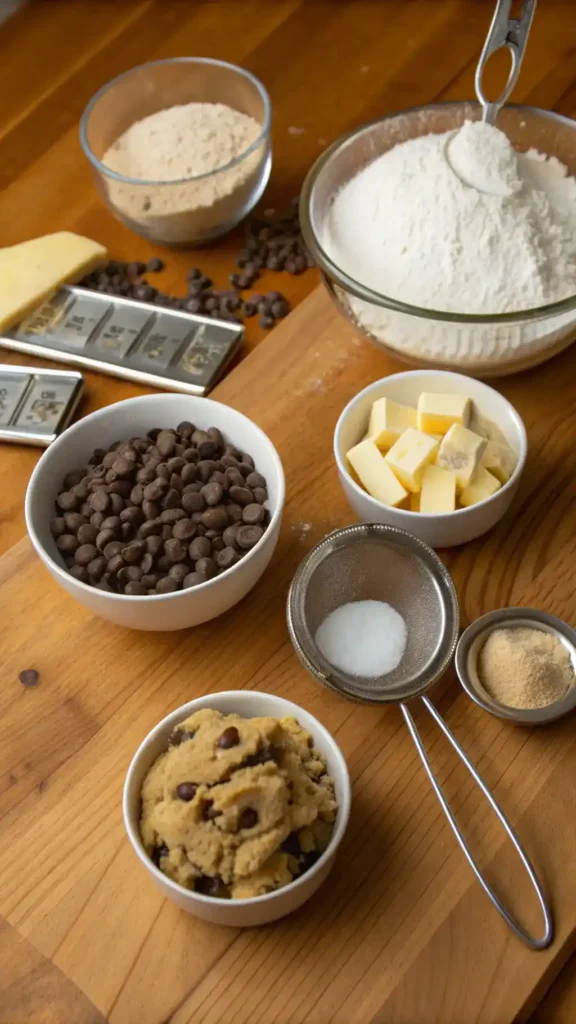 Ingredients for chocolate chip cookies on a kitchen counter.