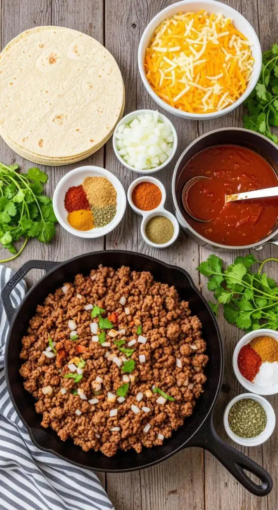 Ingredients for Ground Beef Enchiladas laid out on a countertop.