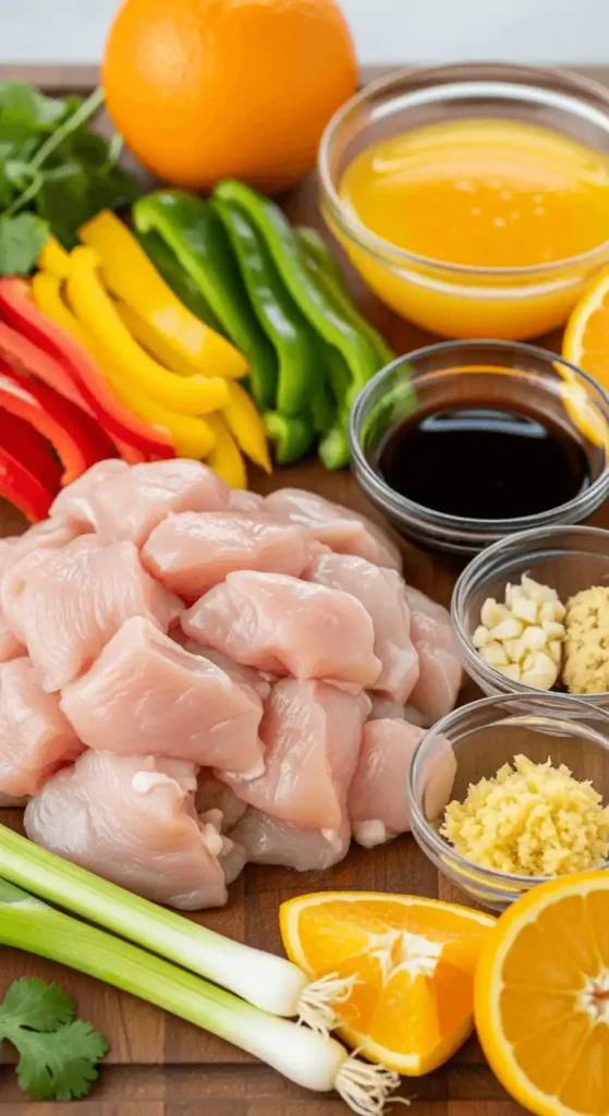 Fresh ingredients for orange chicken recipe.