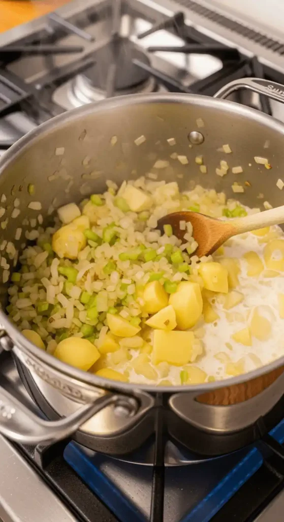 Sautéing onions and celery for clam chowder