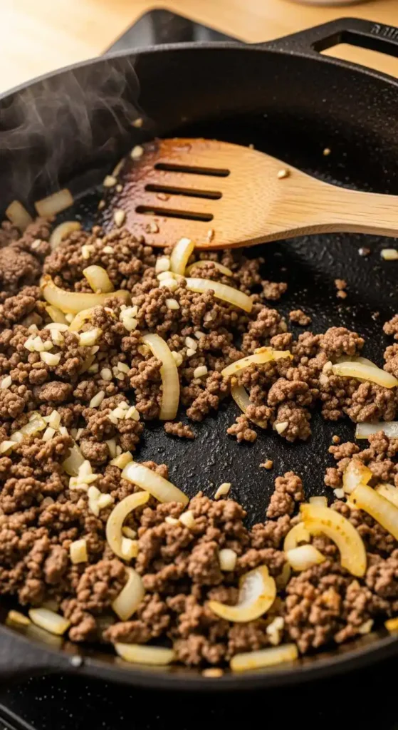 Sautéed ground beef with onions and garlic in a skillet.