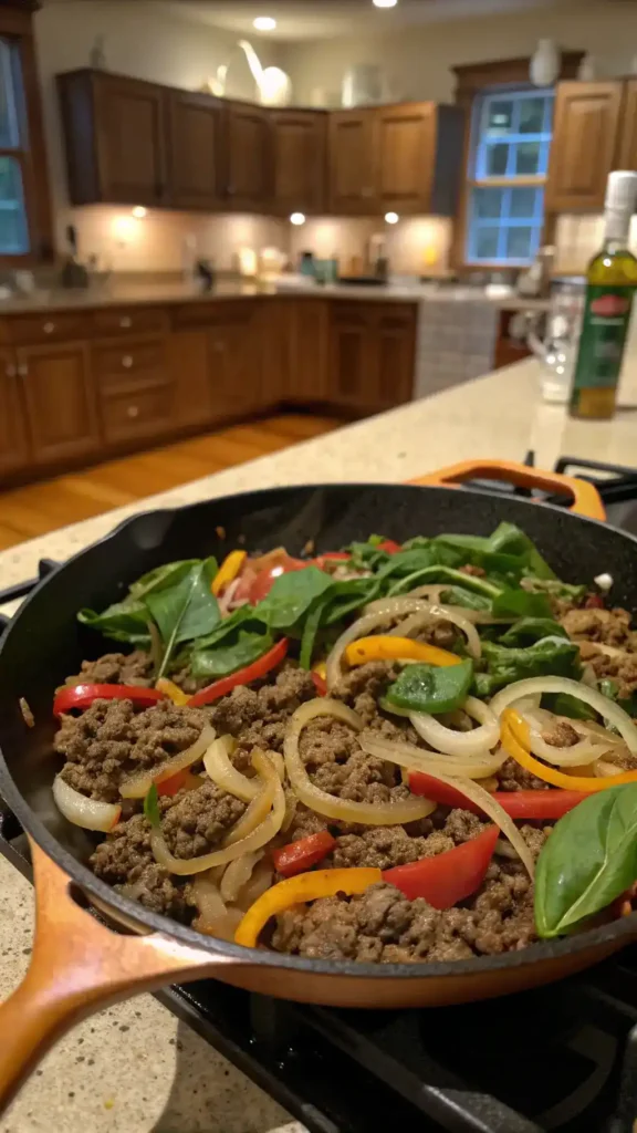 Sautéed ground beef and vegetables in a skillet.