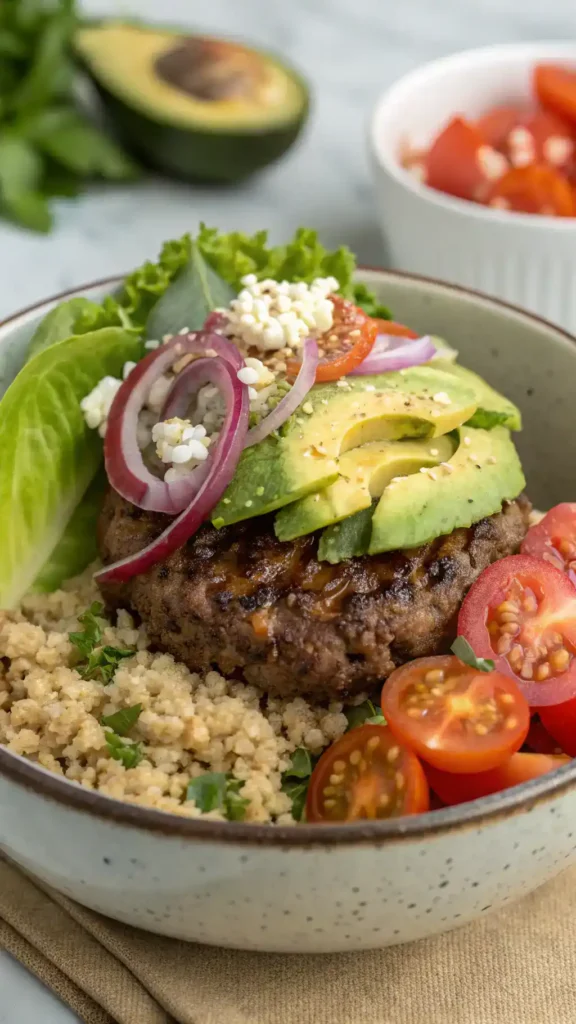 Delicious burger bowl with quinoa and fresh toppings