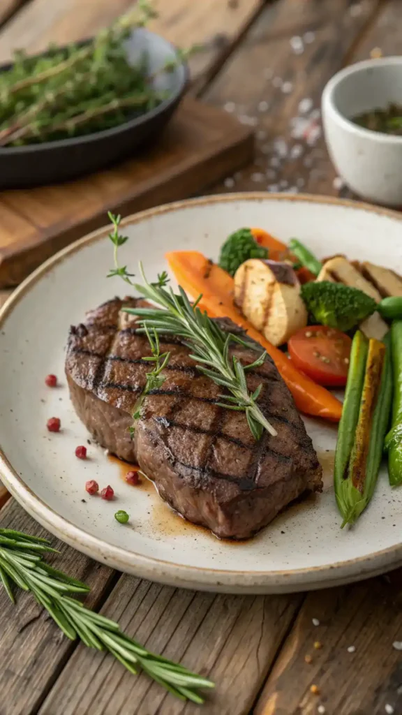 Grilled venison steak with herbs