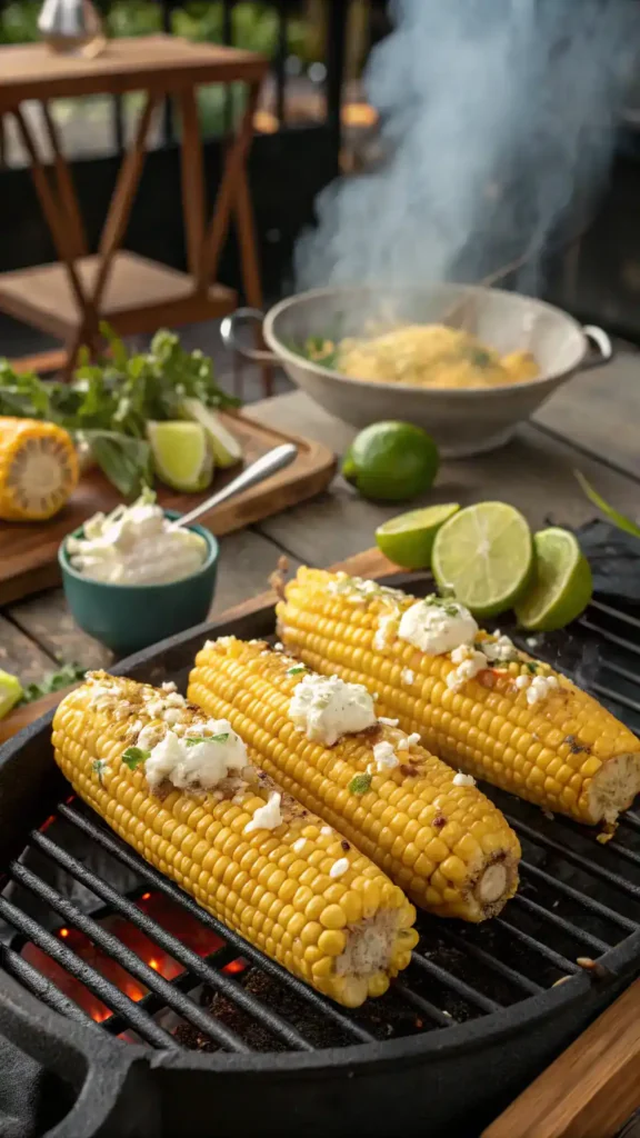 Grilling street corn on a barbecue.