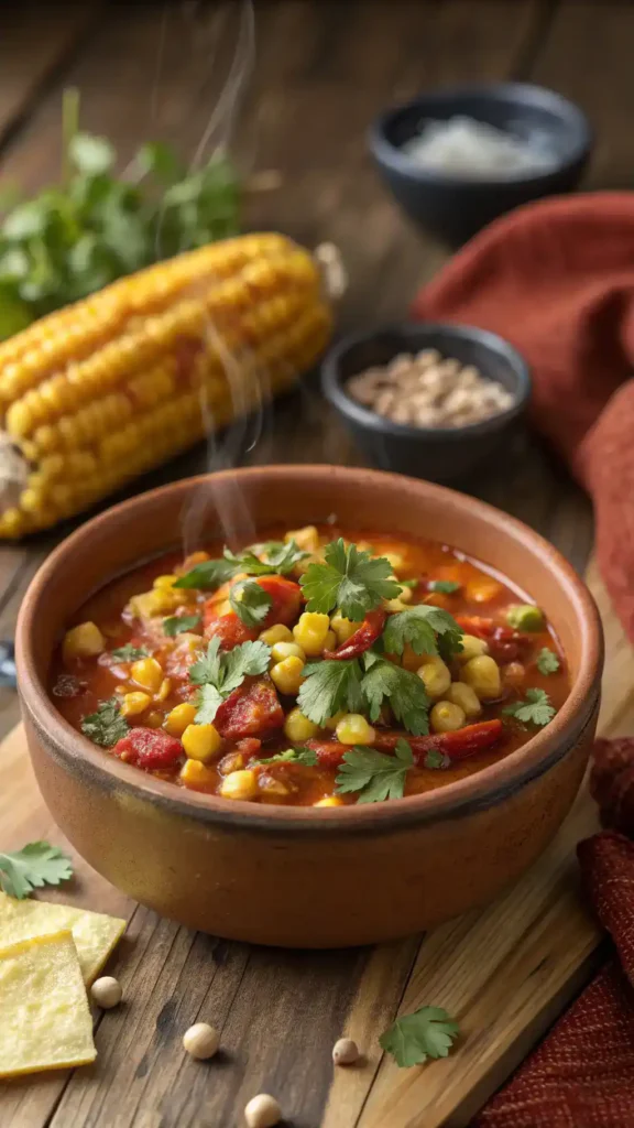 Delicious hominy stew garnished with fresh herbs.