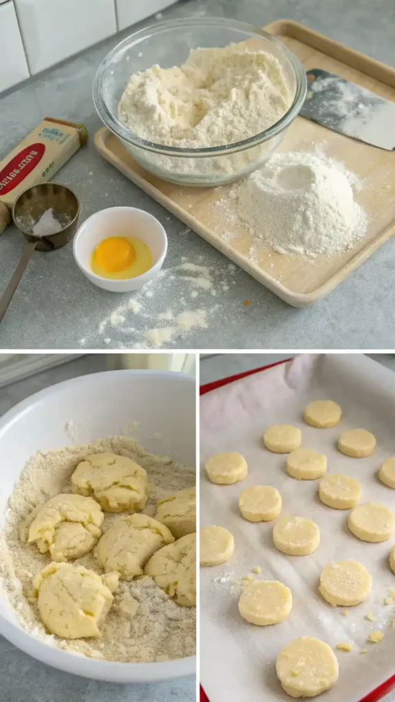 Step-by-step process of making 3 ingredient biscuits.