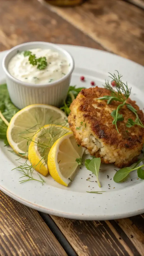 Delicious crab cake served with tartar sauce