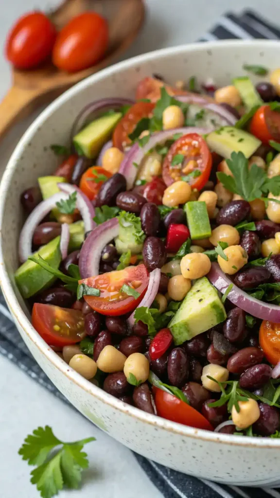 Colorful dense bean salad in a mixing bowl