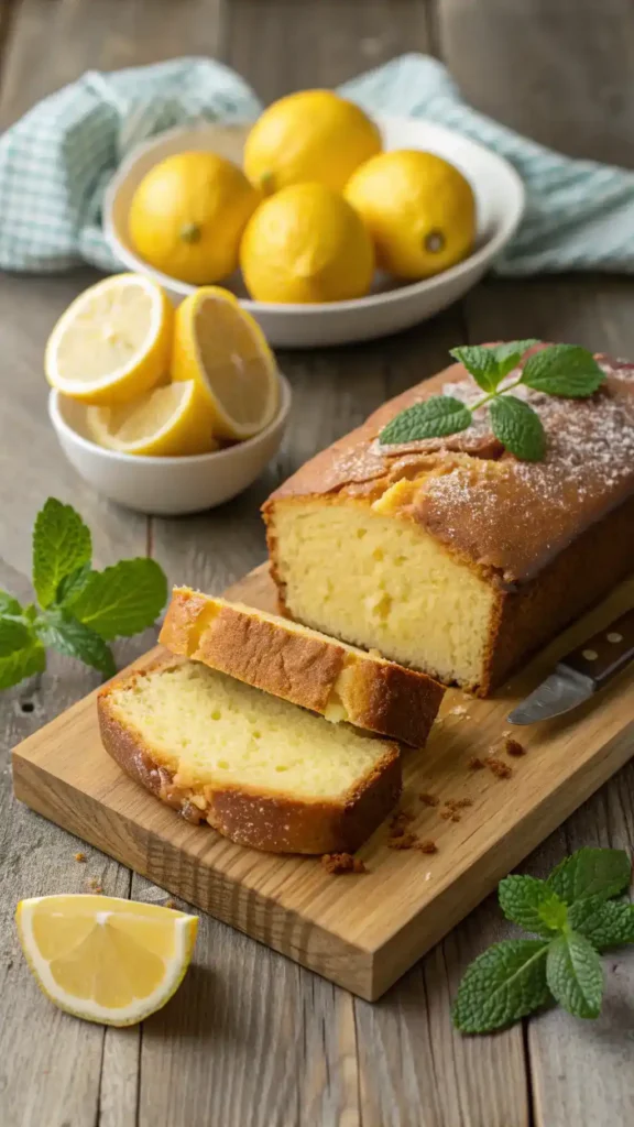 Lemon pound cake on a wooden table