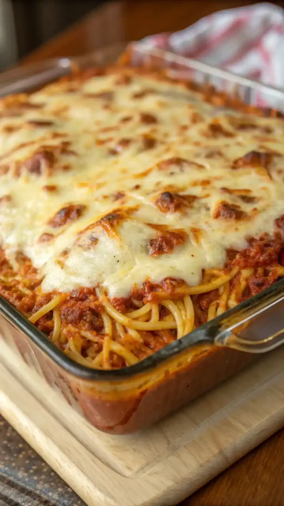 Baked Million Dollar Spaghetti with melted cheese