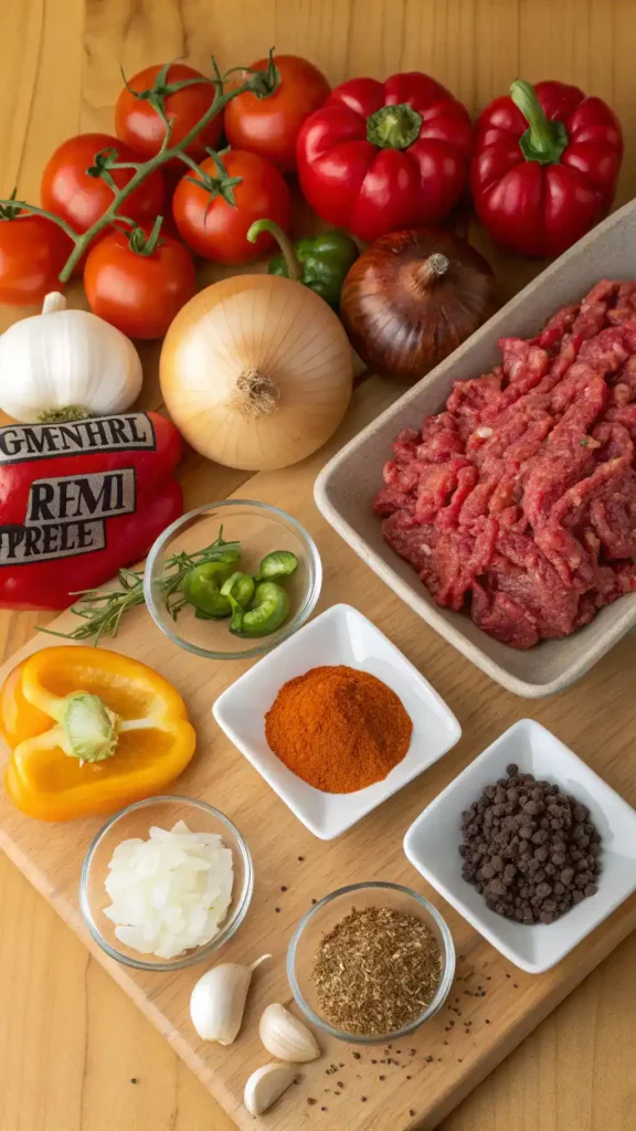 Ingredients for chili recipe including ground beef, onions, garlic, and spices displayed on a countertop.