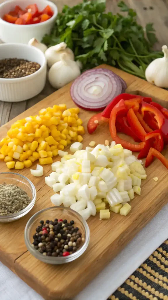 Fresh ingredients for hominy recipes.
