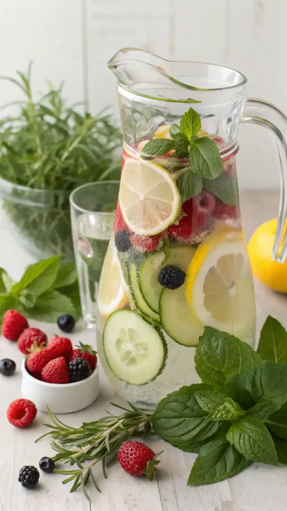 Infused ice water with lemon, berries, and cucumber